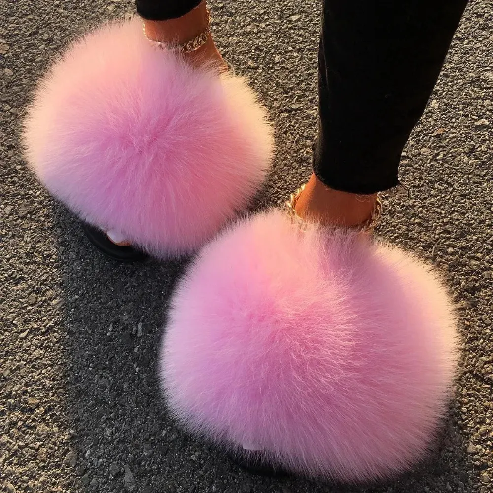 Extra große Pelzruhe Fuchs Waschbär Objektträger Flat Flip Flops Strand Sandalen süße Plüsch Haare Pelzige Schuhe Frau 240613