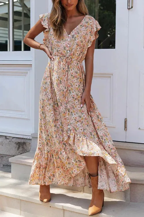 Maxikleid mit Knopfrüschen und floralem Kordelzug