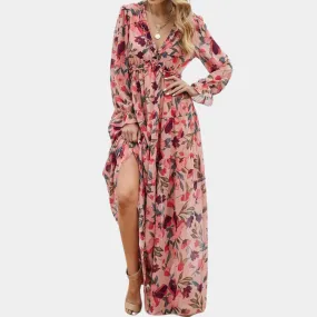 Sandra - Kleid - Elegant - Rosa Chiffon / Einzigartiges Blumenmuster -